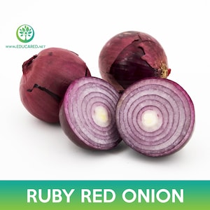 May include: Three ruby red onions, two of which are sliced in half, revealing the purple and white layers of the onion. The onions are on a white background.