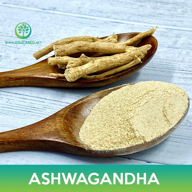 May include: Two wooden spoons, one filled with a light brown powder and the other with dried, light brown roots. The text "ASHWAGANDHA" is printed in white letters on a green background below the spoons.