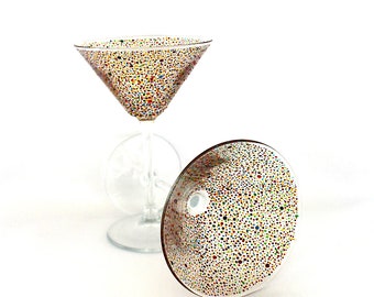 Pair of rainbow polka dot cocktail/martini glasses