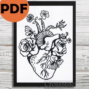 Anatomical heart cross stitch pattern PDF, anatomy cross stitch pattern, Mother's Day gift DIY floral home decor counted cross stitch