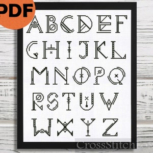 Full Geometric Alien alphabet cross stitch pattern, capital letters monogram cross stitch pattern PDF, alphabet cross stitch pattern