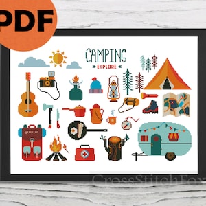 Camping cross stitch pattern PDF, mountain cross stitch pattern, travel cross stitch, tourist cross stitch, camper cross stitch