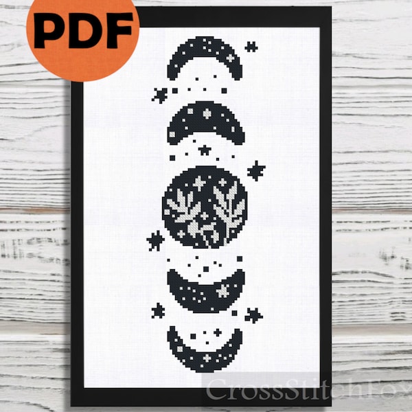 Boho Moon Phase cross stitch pattern, lunar cycle cross stitch DIY wall decor pattern, witchy cross stitch pattern