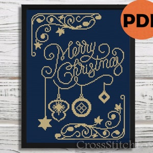 Merry Christmas Lettering Kreuzstichmuster PDF, einfaches Kreuzstichmuster, Kreuzstich Weihnachten, Weihnachtsschmuck