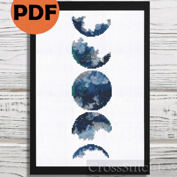 Watercolor Moon Phases cross stitch pattern, lunar cycle cross stitch DIY wall decor pattern, witchy cross stitch pattern