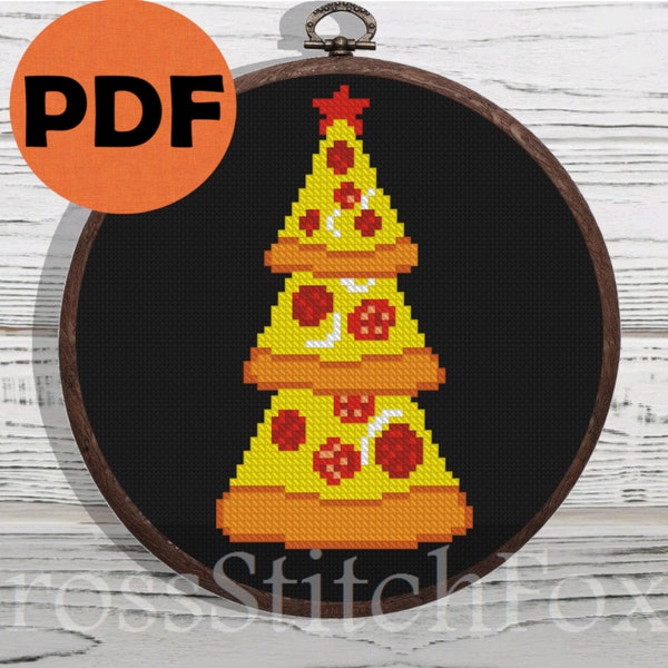 Sapin de Noël Pizza Mini Easy Cross Stitch Pattern PDF, Funny pizza-tree petite broderie, cadeau de Noël DIY nourriture point de croix