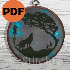 Howling wolf silhouette cross stitch pattern, monochrome wolf silhouette in the moon forest diy gift , DYED AIDA RECOMMENDED