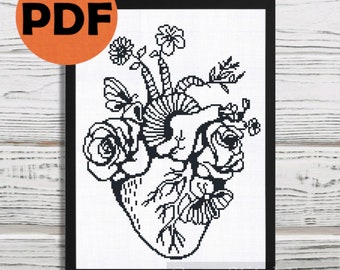 Anatomical heart cross stitch pattern PDF, anatomy cross stitch pattern, Mother's Day gift DIY floral home decor counted cross stitch