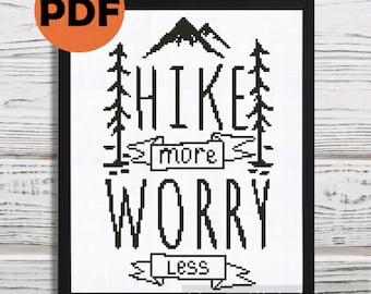 Hiking cross stitch pattern, Hike more worry less, rock climbing cross stitch pattern, landscape cross stitch