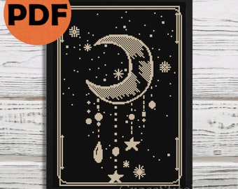 Crescent moon cross stitch pattern, mystery card cross stitch, moon phase cross stitch, witchy cross stitch pattern