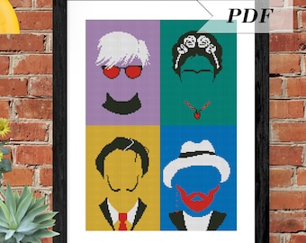 Frida, Dali, Van Gogh and Warhol celebrity cross stitch pattern PDF, DIY gift modern abstract funny pattern instant download