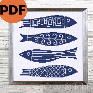 Boho Fische Kreuzstichmuster PDF, minimalistische Anfänger handgemachte Geschenkidee, gezählte Kreuzstichmuster zum sofortigen Download