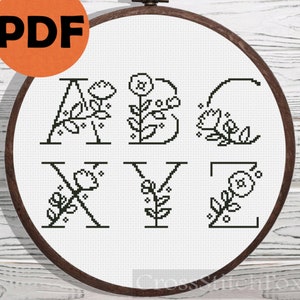 Full floral alphabet cross stitch pattern, capital letters monogram cross stitch pattern PDF, Flower alphabet cross stitch pattern