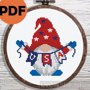 Patriotic Gnome Cross Stitch Pattern: USA 4th July Decor (PDF Pattern)