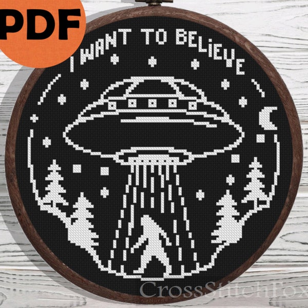 Bigfoot files cross stitch pattern, UFO extraterrestrial alien, Sasquatch cross stitch handmade gift