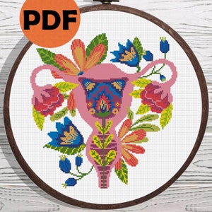 Uterus floral cross stitch pattern PDF, reproductive system anatomy cross stitch, feminist cross stitch pattern, cross stitch DIY home decor