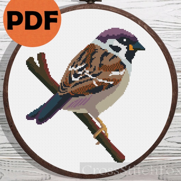 Sparrow cross stitch patterns PDF, small bird counted cross stitch, animal cross stitch pattern