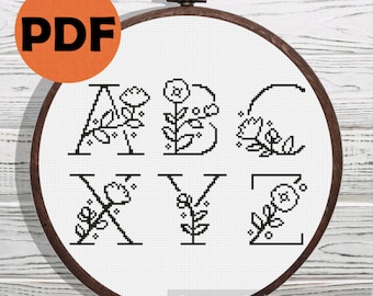 Full floral alphabet cross stitch pattern, capital letters monogram cross stitch pattern PDF, Flower alphabet cross stitch pattern