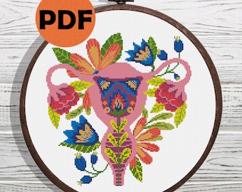 Uterus floral cross stitch pattern PDF, reproductive system anatomy cross stitch, feminist cross stitch pattern, cross stitch DIY home decor