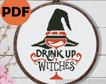 Halloween witch hat cross stitch pattern PDF, halloween party decor diy, alcohol cross stitch funny quote cross stitch