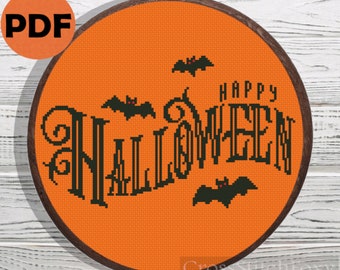 Halloween cross stitch, Happy Halloween spooky lettering cross stitch pattern, horror cross stitch pattern