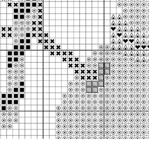 May include: Black and white cross stitch pattern with a black heart, black triangles, and black squares. The pattern is on a white grid.