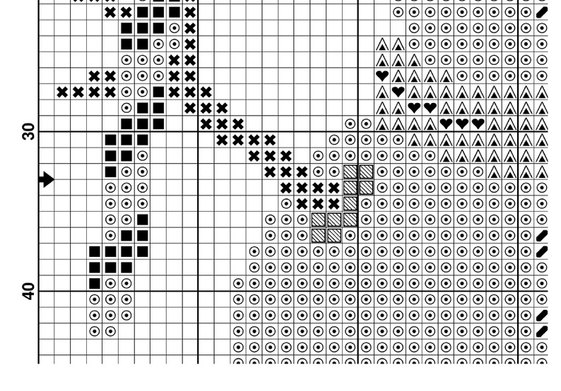May include: Black and white cross stitch pattern with a black heart, black triangles, and black squares. The pattern is on a white grid.