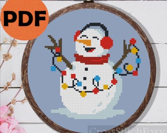 Snowman with Christmas Lights Cross Stitch Pattern PDF, easy Christmas ornament DIY counted cross stitch pattern, small snowman home decor