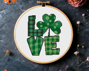 Liebe Kleeblatt Kreuzstichmuster: St Patrick's Day Buffalo Plaid (PDF-Muster)