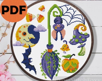 Halloween Elements Witch Broom Moon Bat Mushroom Cross Stitch Pattern PDF