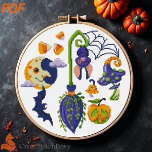 Halloween Elements Witch Broom Moon Bat Mushroom Cross Stitch Pattern PDF