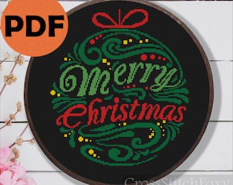 Merry Christmas Bauble cross stitch pattern PDF, easy cross stitch pattern instant download, Christmas cross stitch, Christmas ornaments