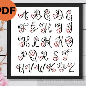 Valentine's Day Monogram Alphabet cross stitch pattern PDF, capital letters cross stitch pattern, heart alphabet cross stitch pattern