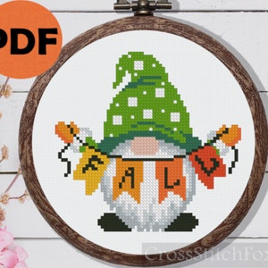 Fall gnome with bunting cross stitch pattern PDF, Autumn Gnome Cross Stitch Pattern