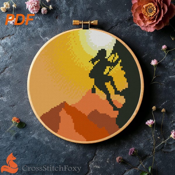 Sunset Rock Climbing Cross Stitch Pattern: Mountain Landscape (PDF Pattern)