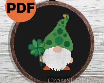 St. Patrick  shamrock gnome cross stitch pattern PDF, st Patricks Day cross stitch pattern. irish gnome with shamrock cross stitch  pattern