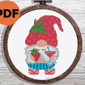 Summer gnome with cocktail cross stitch pattern PDF, summer gnome, cross stitch pattern small gnome