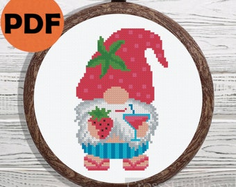 Summer gnome with cocktail cross stitch pattern PDF, summer gnome, cross stitch pattern small gnome