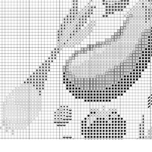 May include: Black and white cross stitch pattern featuring a panda bear design. The panda has a black and white face and black ears. The design is surrounded by black and white circles and squares.