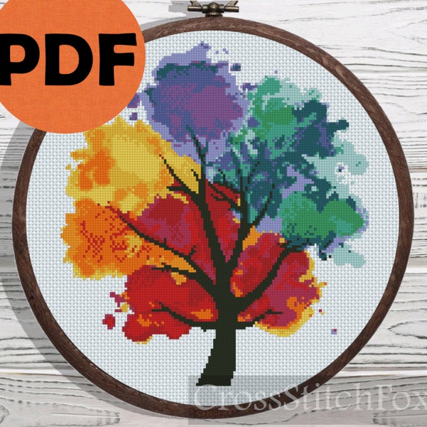 Four Seasons Tree Cross Stitch Pattern PDF, watercolor plant counted cross stitch, modern easy embroidery pattern, handmade gift idea