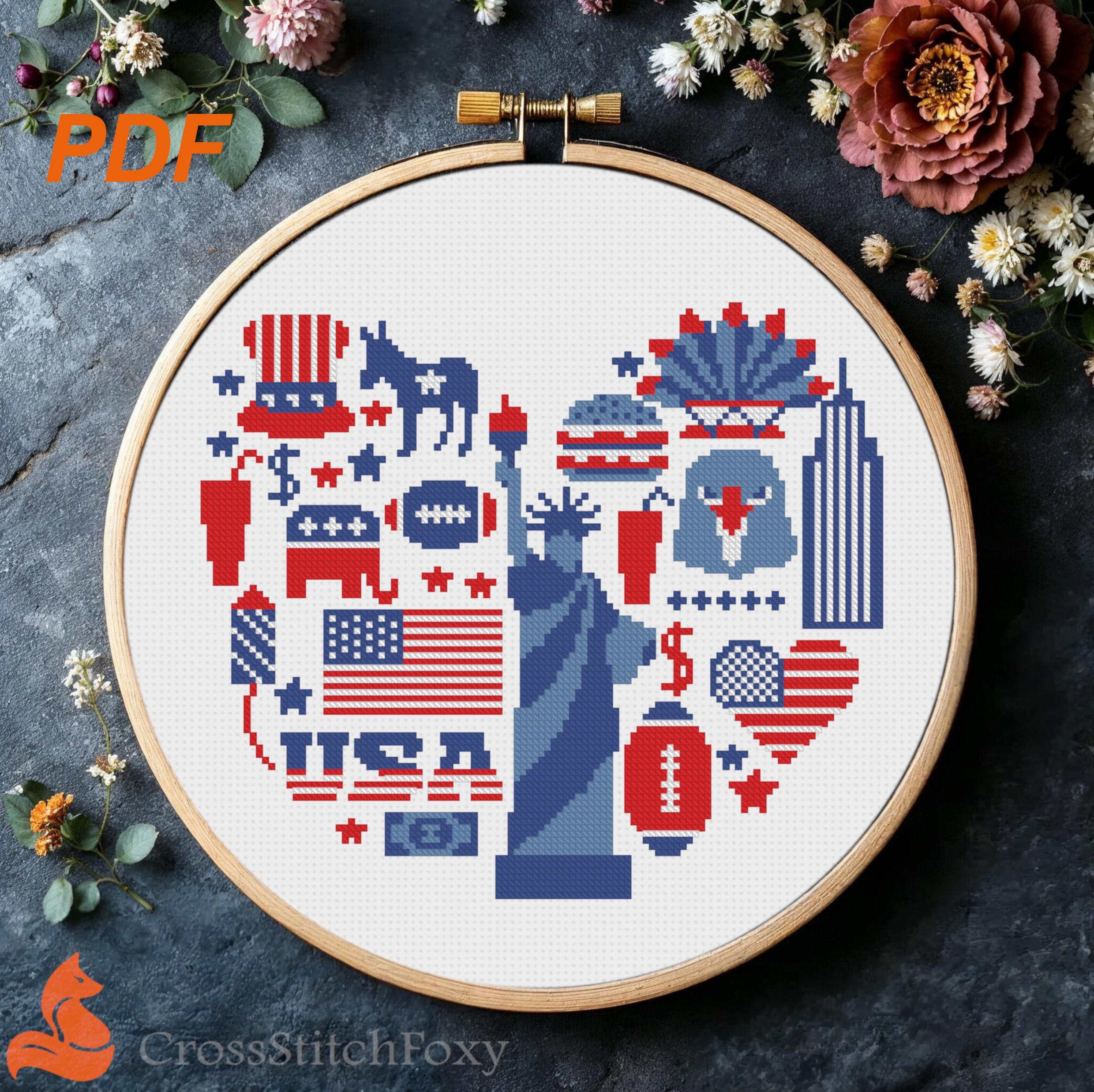 USA Patriotic Heart Cross Stitch Pattern: 4th July Sampler (PDF