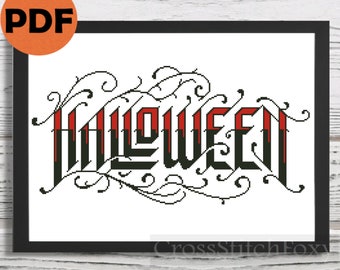 Gothic Halloween lettering cross stitch pattern PDF, Halloween cross stitch, Halloween cross stitch pattern, horror cross stitch pattern