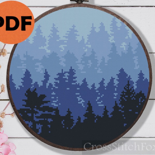 Misty Forest Landscape Morning Foggy Nature Cross Stitch Pattern PDF