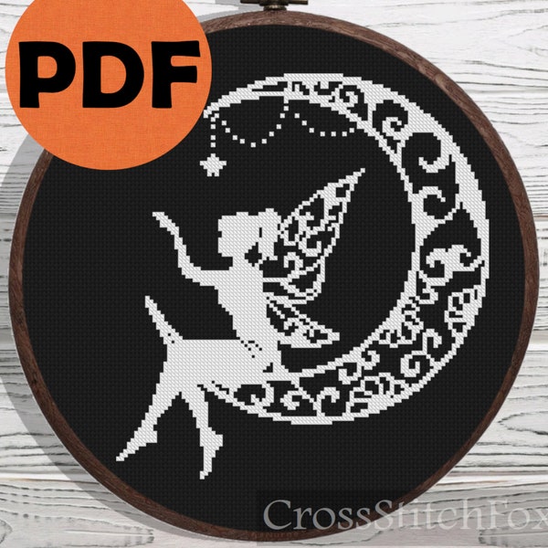 Fairy cross stitch pattern PDF, mystery pixie elf with wings, magical fairy ornament, nursery cross stitch wall decor