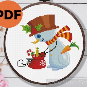Christmas Snowman Gifts Cross Stitch Pattern PDF, easy Christmas ornament DIY counted cross stitch pattern, small snowman home decor