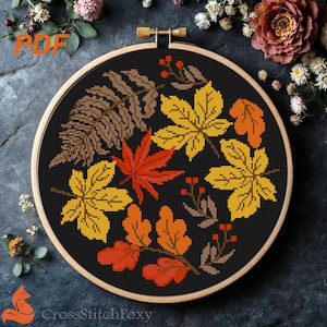 Fall Leaves Cross Stitch Pattern PDF Autumn Forest Mini Plants Easy