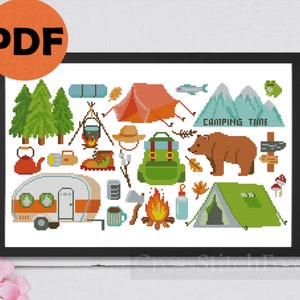 Camping Cross Stitch Pattern: Mountain Travel Sampler (PDF Pattern)