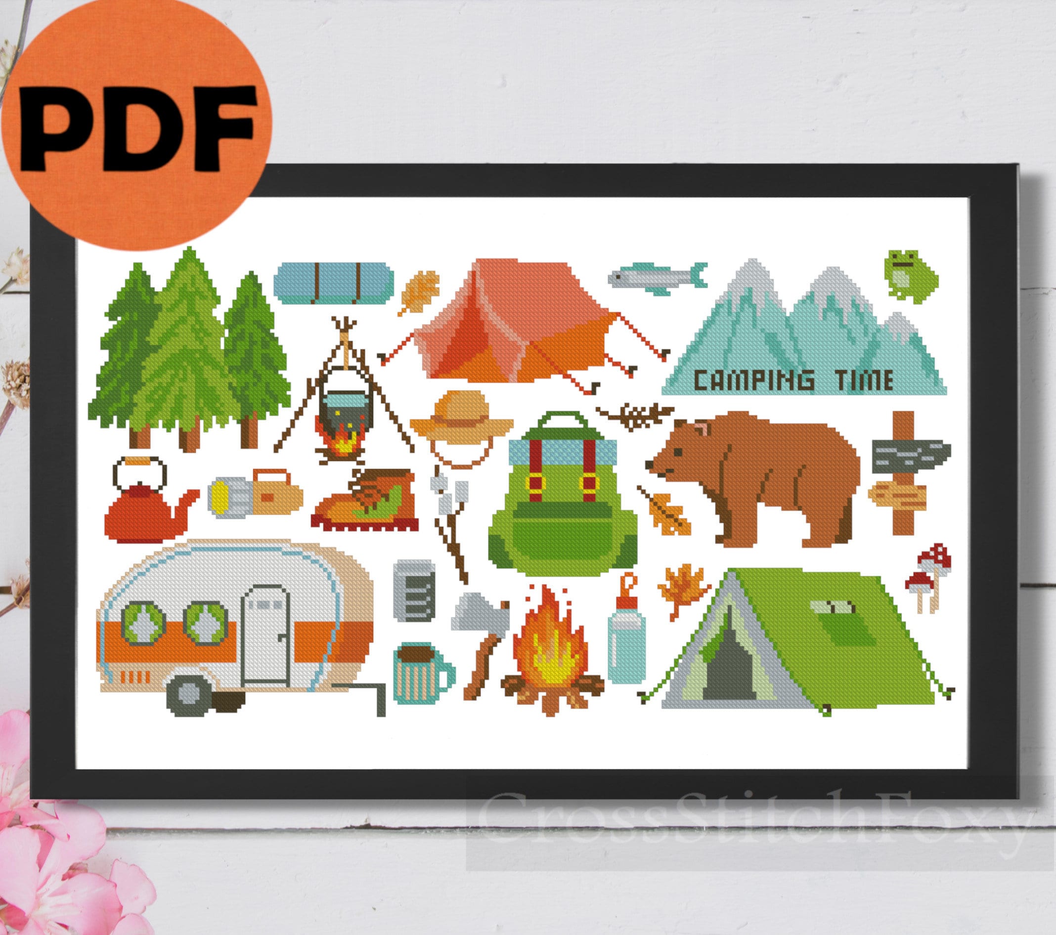 Camping Cross Stitch Pattern PDF Mountain Tourist Travel Etsy