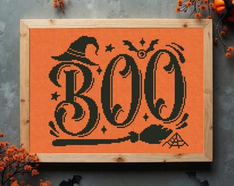 Boo Witch Hat and Broom Cross Stitch Pattern (PDF Download)