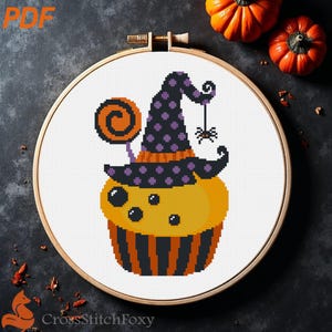 Halloween Cupcake Cross Stitch Pattern: Witch Hat Muffin (PDF Download)